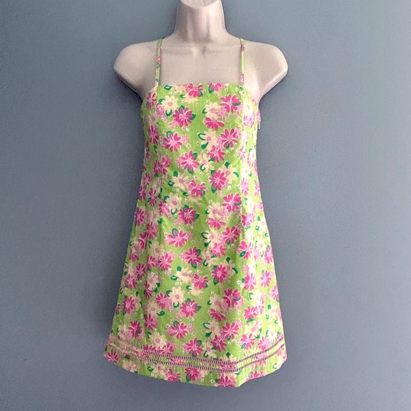 Lilly Pulitzer Dresses & Skirts - Vintage Lily Pulitzer Green & Pink Floral Sundress Crisscross Straps in Back